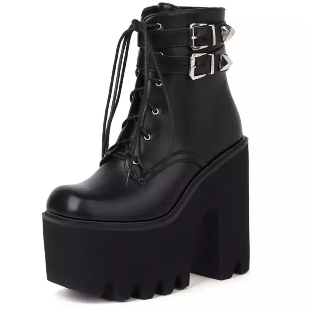 Black Dual Ankle Straps Platform Heel Combat Boots NEW